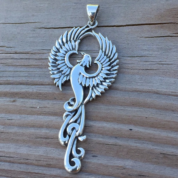 Large Phoenix Rising Pendant solid .925 Sterling Silver Peter Stone Fire Bird - Picture 2 of 10